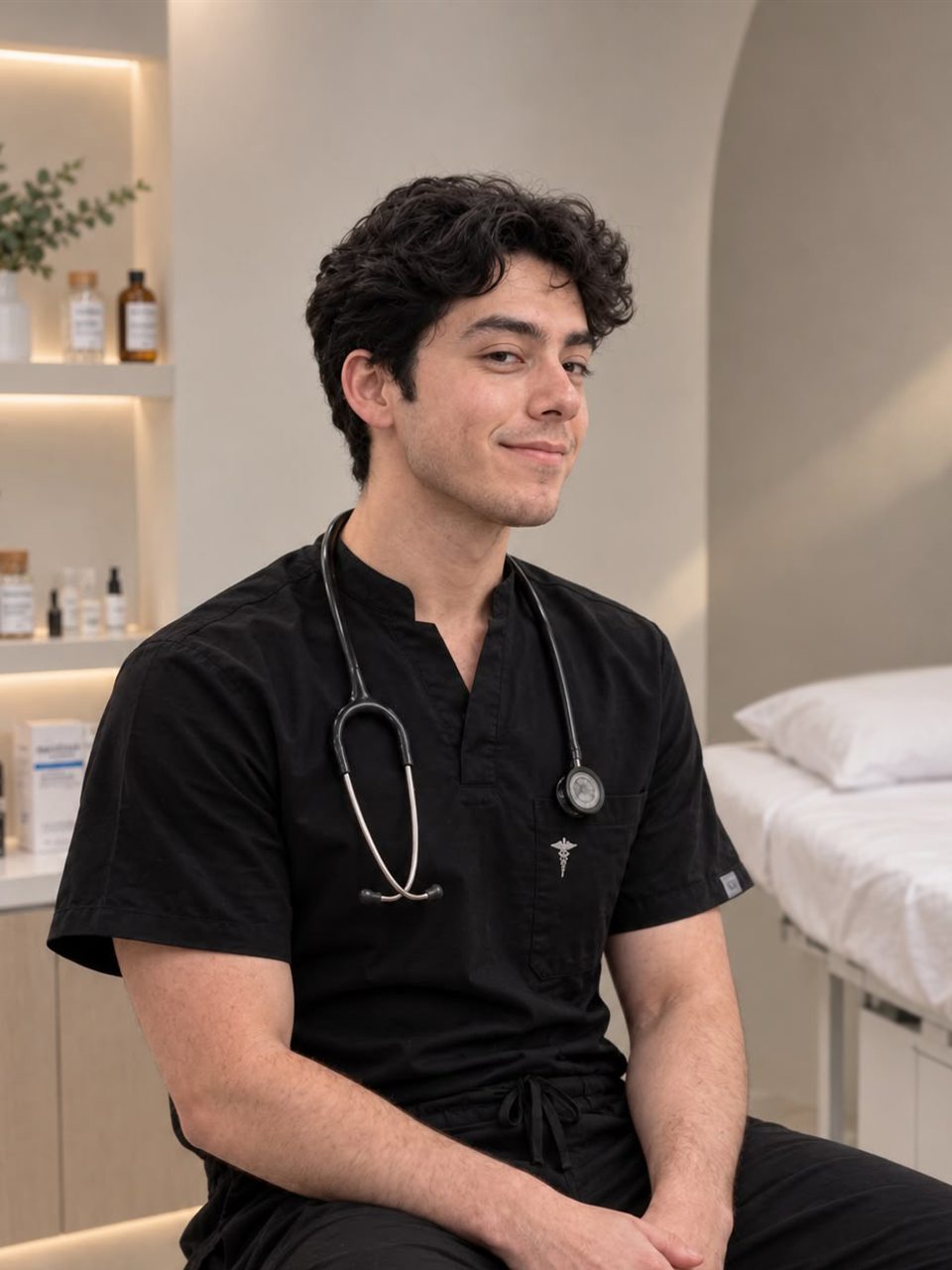 Dr. José Luis Quijano, médico cirujano, sentado en el consultorio con uniforme negro y estetoscopio al cuello