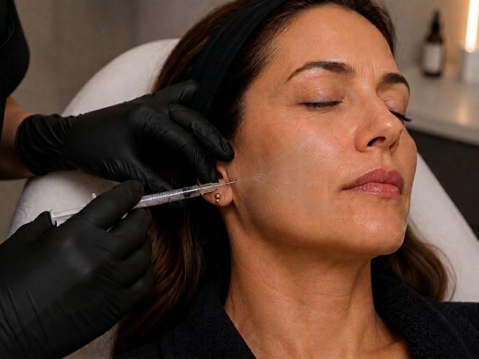 Aplicación de bioestimulador en el rostro de una paciente