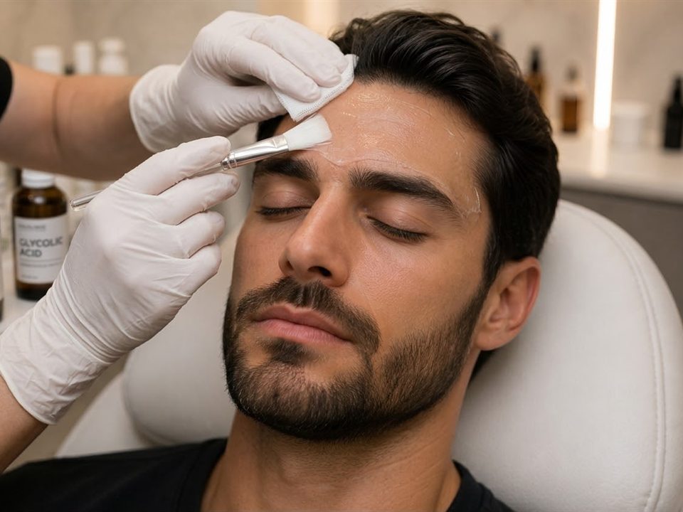 Aplicación de peeling con pincel en la frente de un paciente