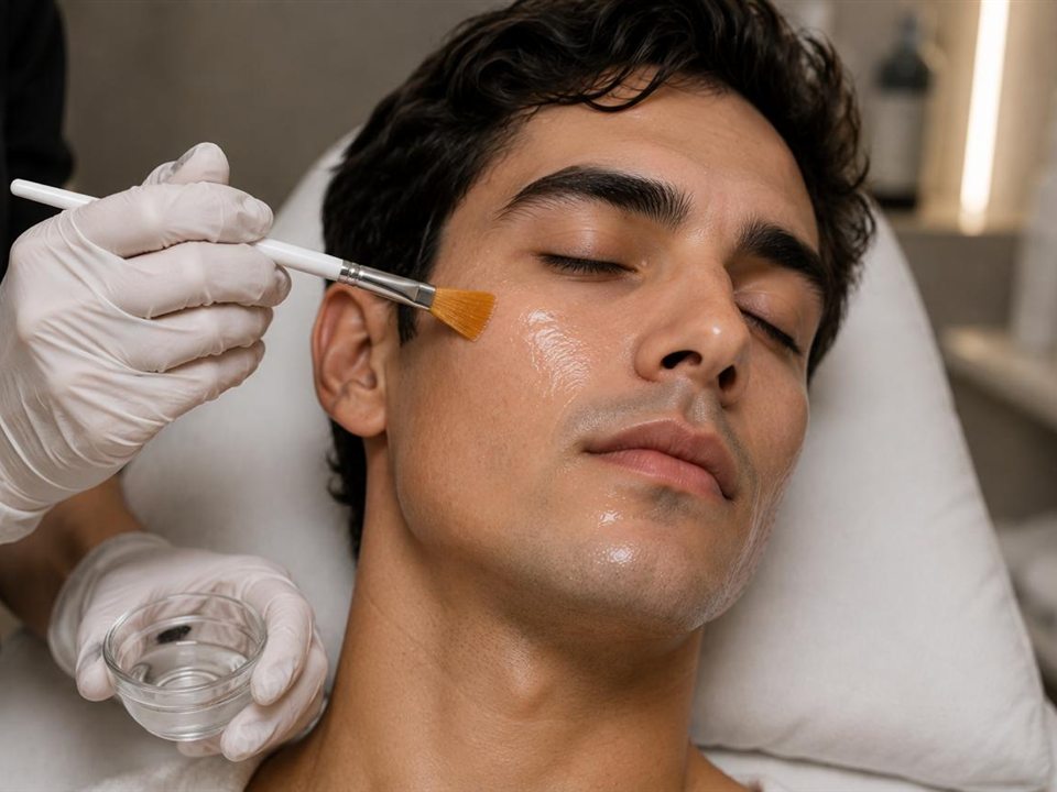 Aplicación de peeling con pincel en el rostro de un paciente